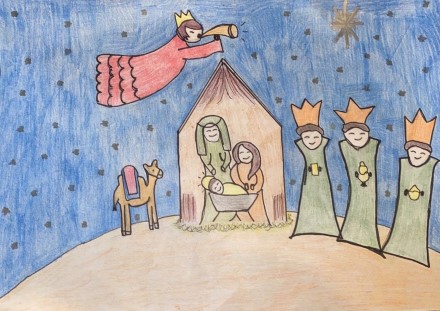 A nativity setting with Mary and baby Jesus, three wise men and a camel. 